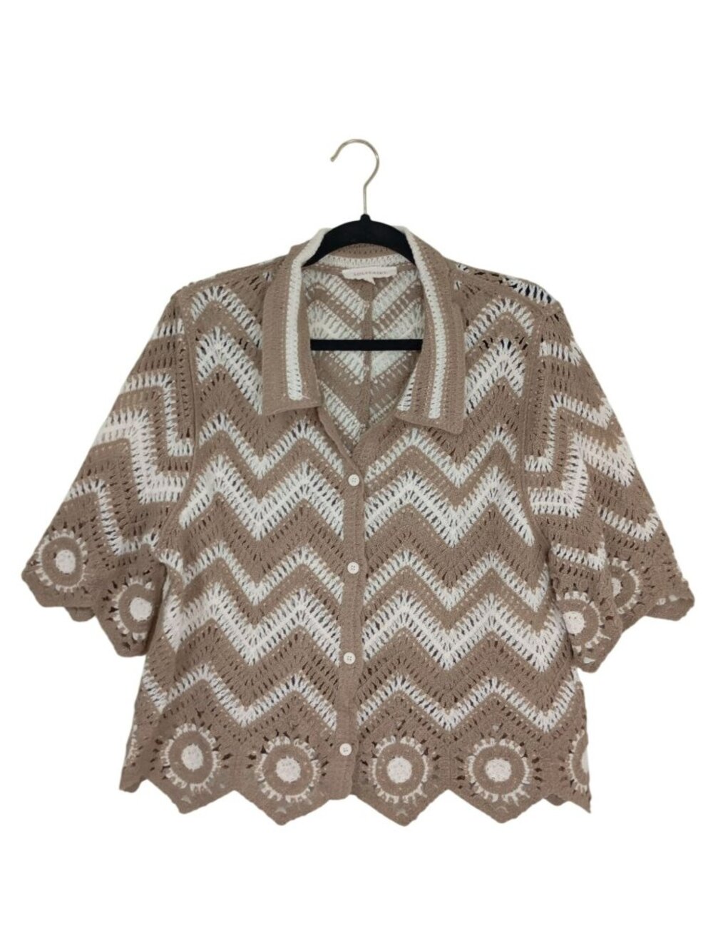 Crochet Button-Up Cardigan  Chevron Pattern & Scalloped Hemline Solitaire L